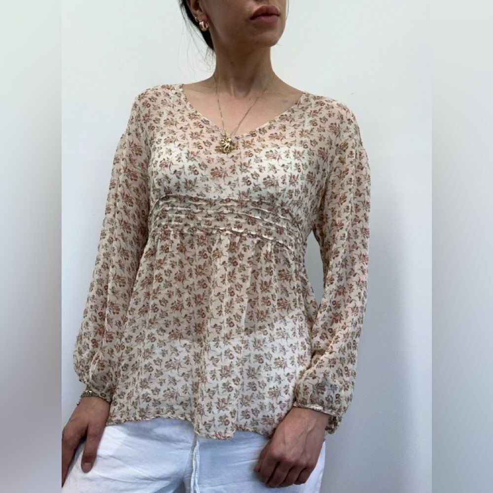 Tess Studio 100% Silk Tan Floral Sheer Long Sleeve Sheer Boho Blouse Size S/M
